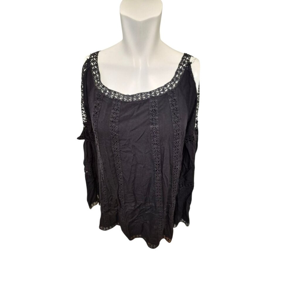 Luna Moon Boho Crochet Trim Top Cold Shoulder Tunic Scoop Neck Too Black Sz M/L